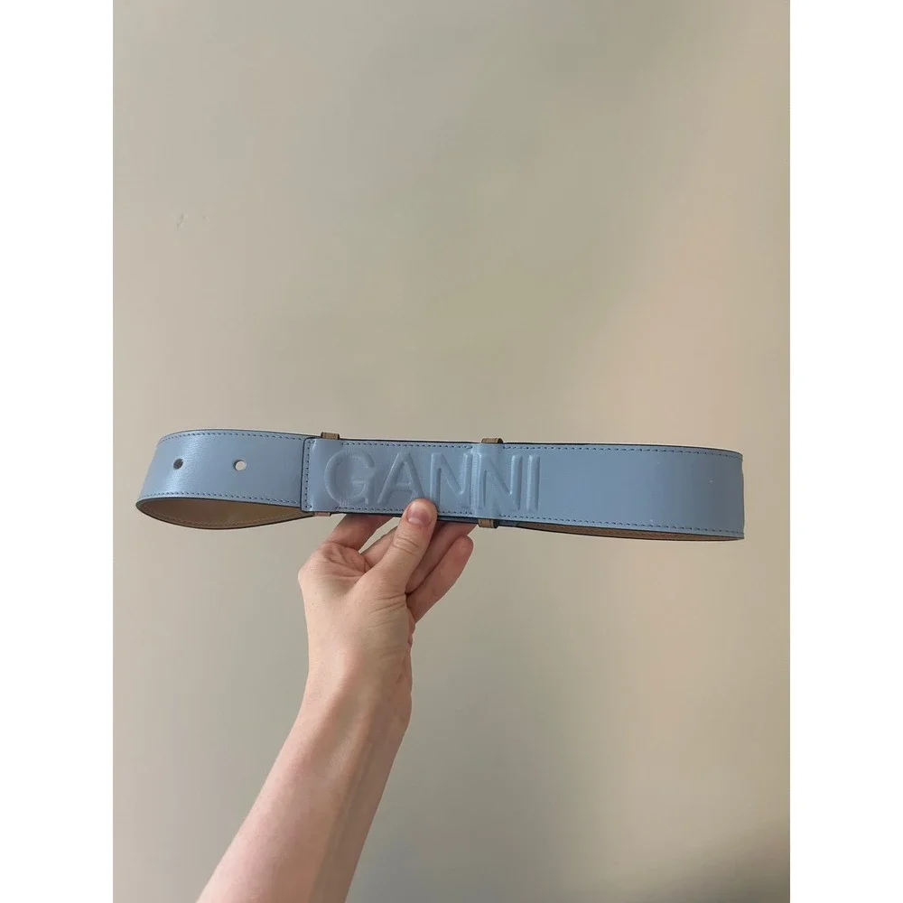 Ganni Blue Belt Size XS/S Embossed Logo Leather
